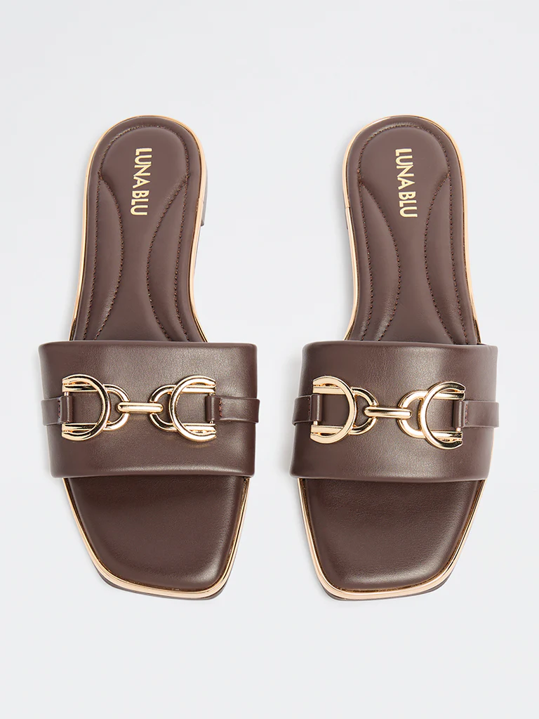 LUNA BLU Dark Brown Metallic Detailed Slides - Image 3