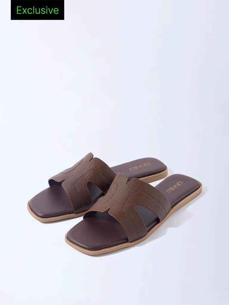 LUNA BLU Dark Brown Stitch-Detailed Slides - Exclusive
