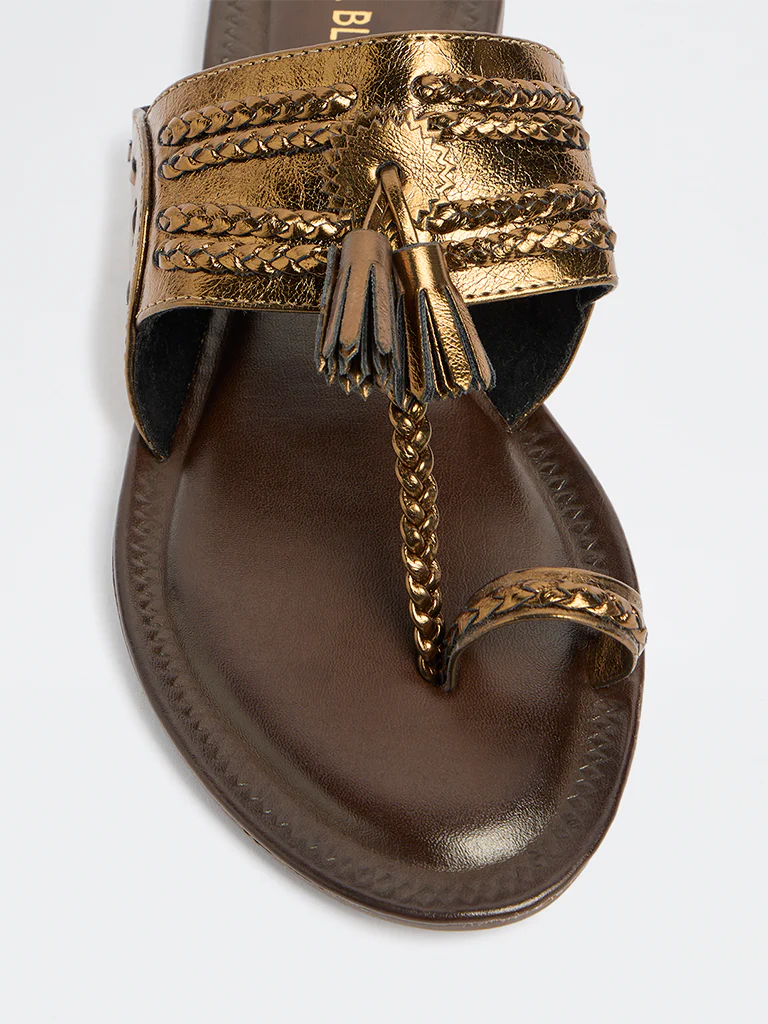 LUNA BLU Dark Brown Tassel Detailed Kolhapuri Sandals - Image 3