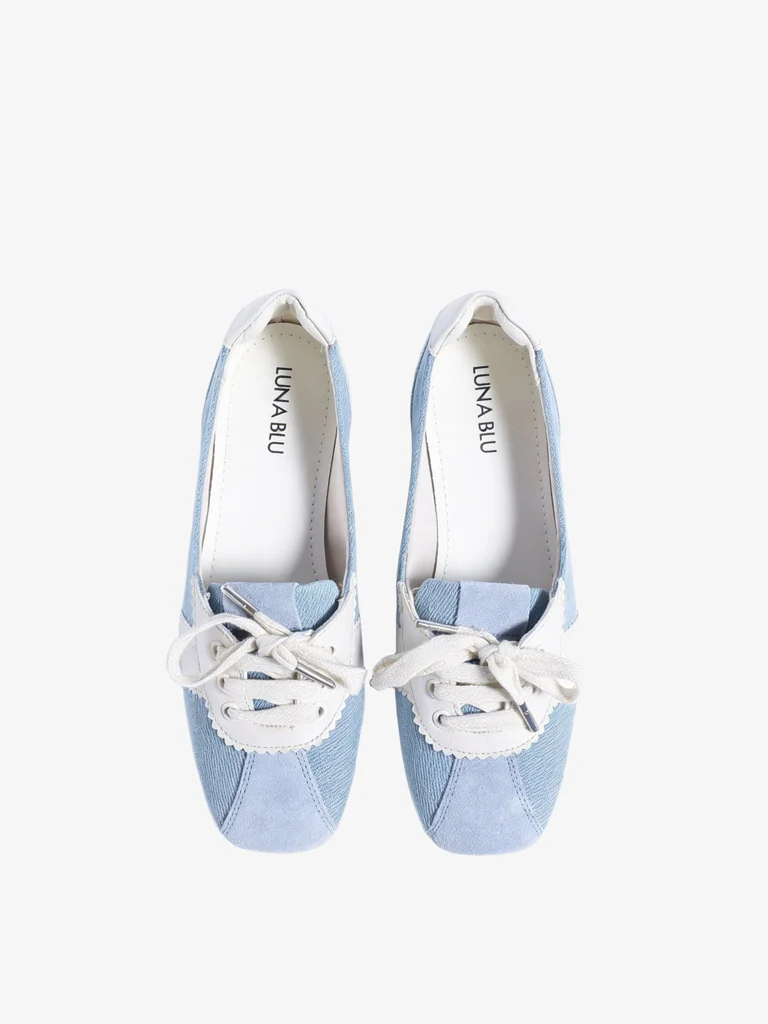 LUNA BLU Denim Blue Sporty Suede Lace-Up Ballerinas - Image 3