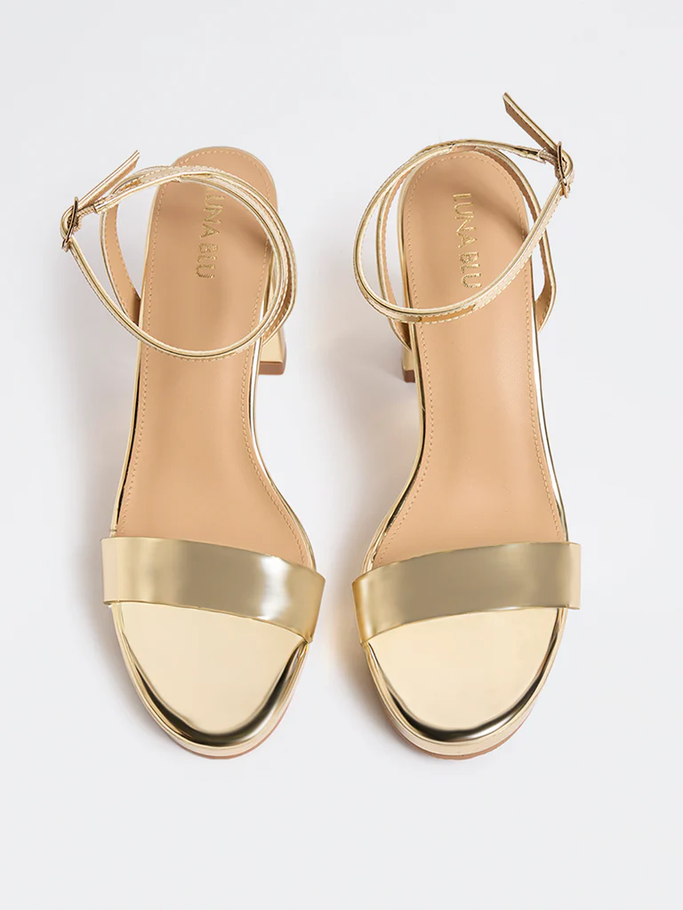 LUNA BLU Gold Block Heel Sandals - Image 3
