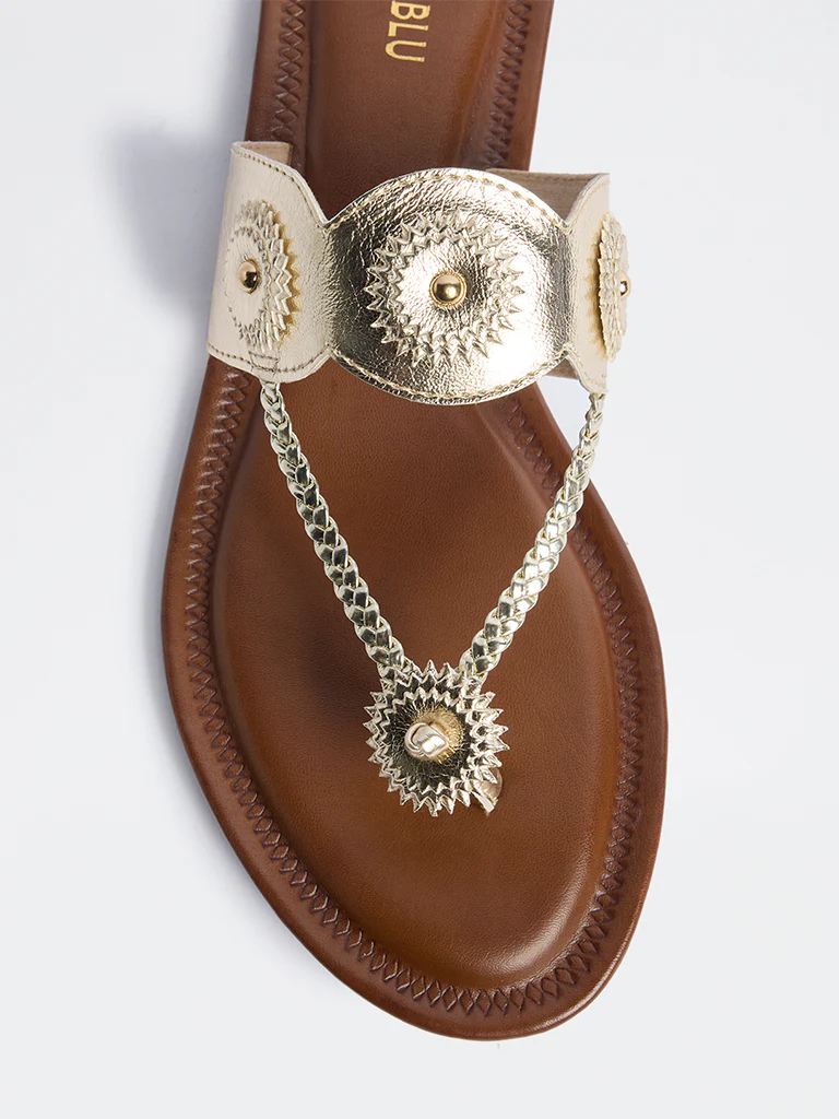 LUNA BLU Gold Braided Kolhapuri Sandals - Image 3
