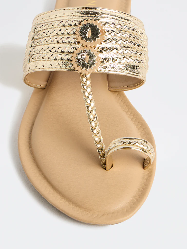 LUNA BLU Gold Braided Kolhapuri Sandals - Image 4
