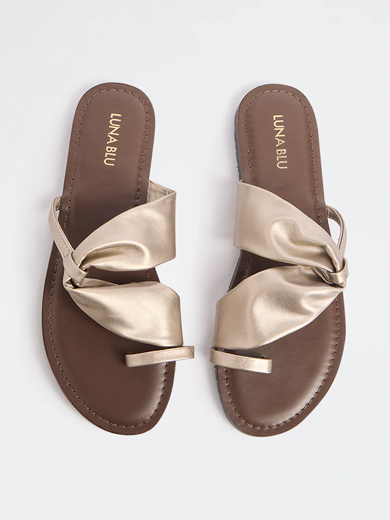LUNA BLU Gold Ruched Toe-Ring Sandals - Image 2
