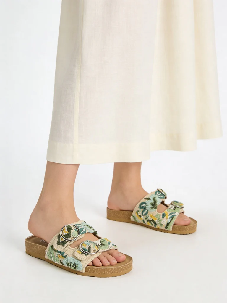 LUNA BLU Green Embroidered Dual-Strap Sandals