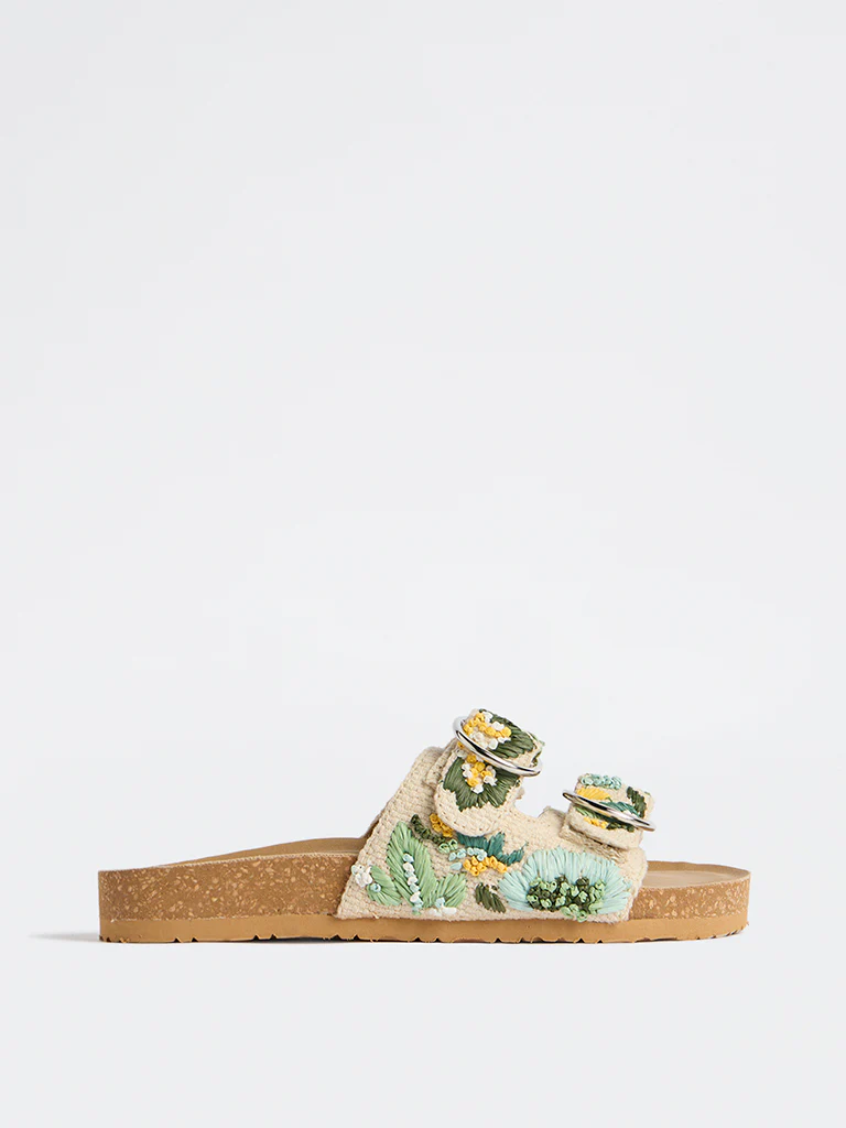 LUNA BLU Green Embroidered Dual-Strap Sandals - Image 2