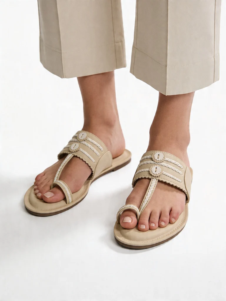 LUNA BLU Ivory Braided Strap Flat Kolhapuri Sandals - Image 2