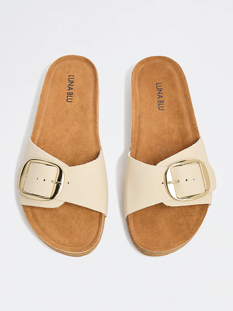 LUNA BLU Ivory Buckle-Strap Comfort Slides