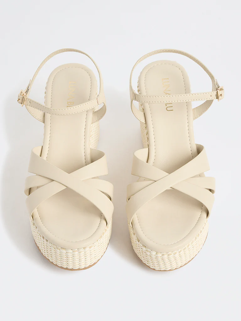 LUNA BLU Ivory Cross-Strap Raffia Wedge-Heel Sandals - Image 3