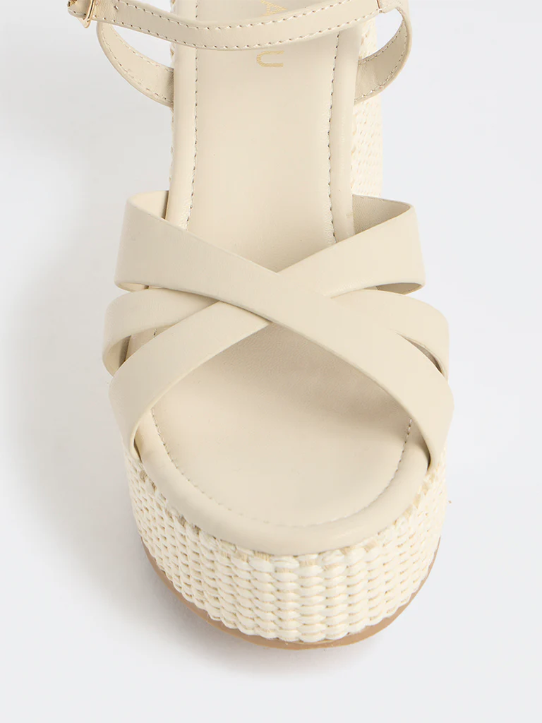 LUNA BLU Ivory Cross-Strap Raffia Wedge-Heel Sandals - Image 4