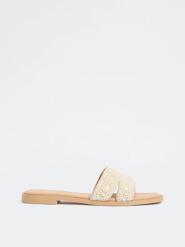 LUNA BLU Ivory Embellished Slides