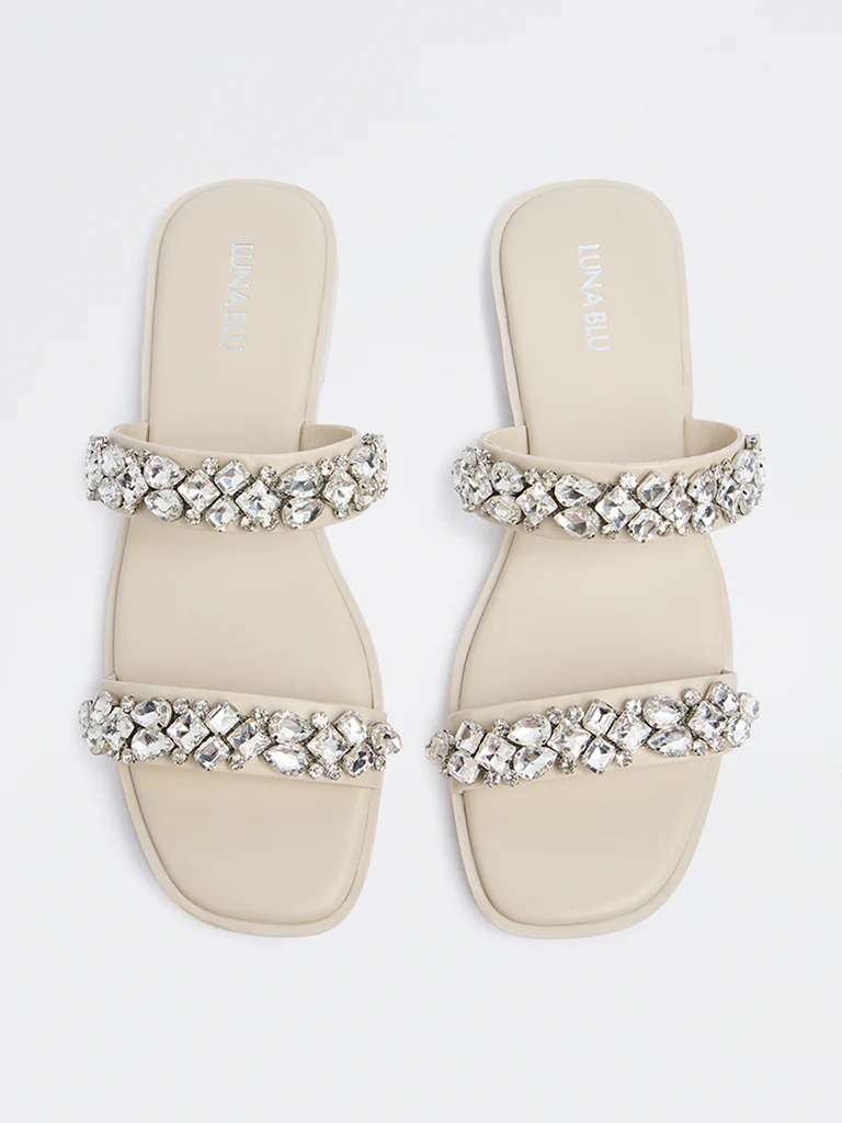 LUNA BLU Ivory Embellished Slides - Image 3