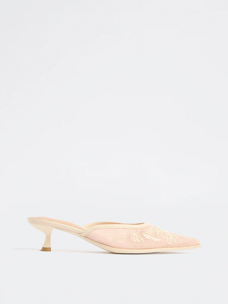 LUNA BLU Ivory Embroidered Kitten Heel Mules