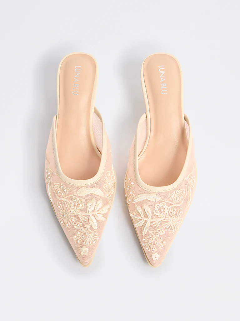 LUNA BLU Ivory Embroidered Kitten Heel Mules - Image 2