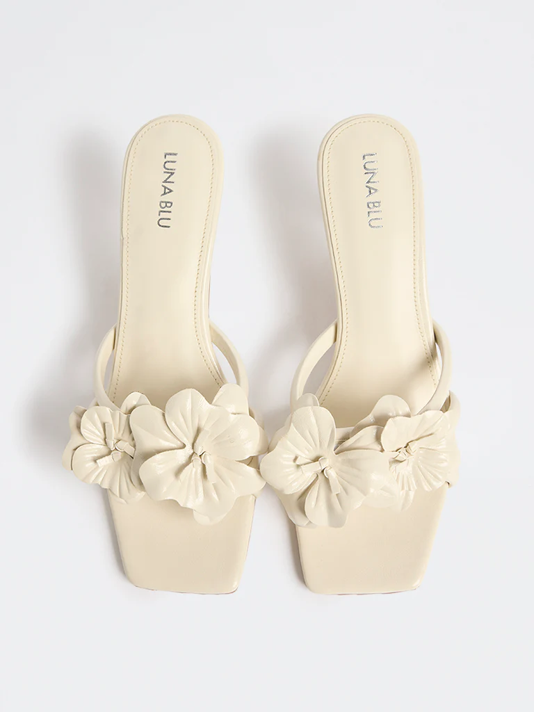 LUNA BLU Ivory Floral Design Heel Sandals - Image 3