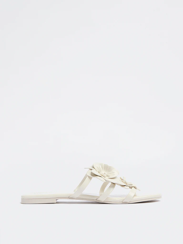 LUNA BLU Ivory Floral Detailed Multi-Strap Slides
