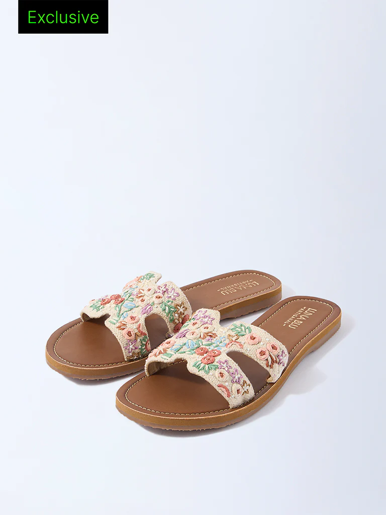 LUNA BLU Ivory Floral Embroidered Slides - Exclusive