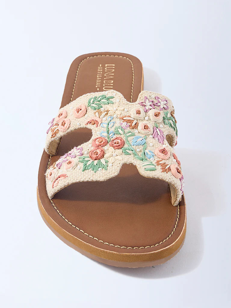LUNA BLU Ivory Floral Embroidered Slides - Exclusive - Image 3