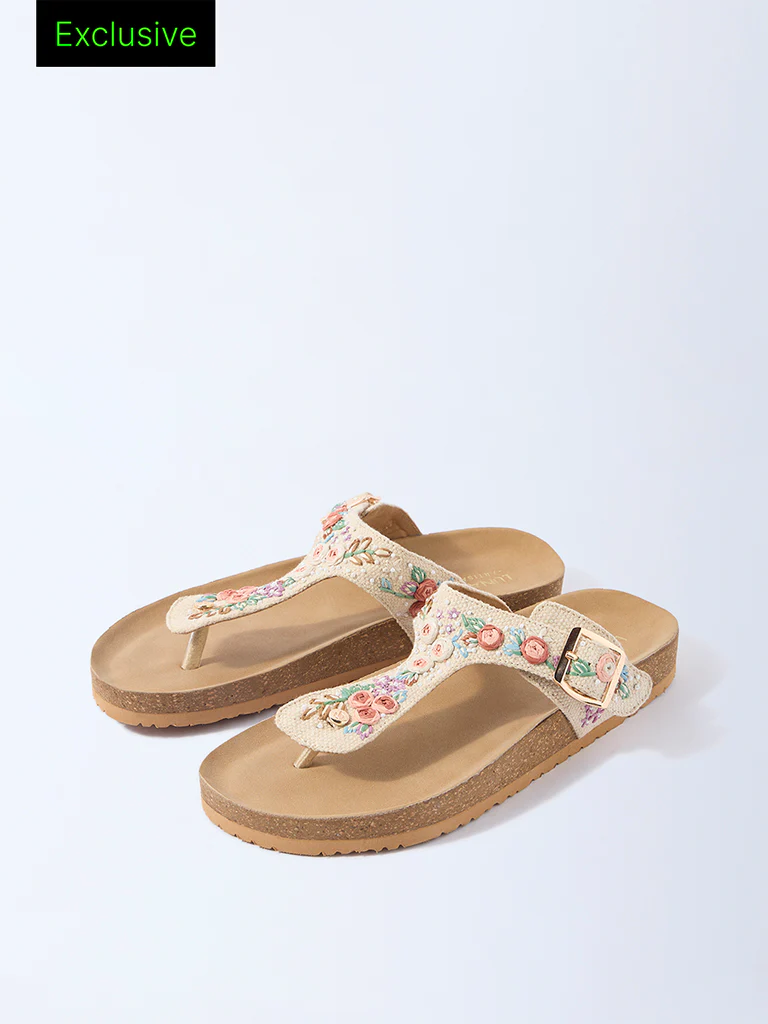 LUNA BLU Ivory Floral Embroidered Thong-Strap Sandals - Exclusive