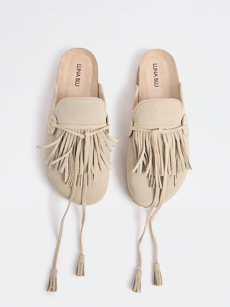 LUNA BLU Ivory Fringe-Detailed Mules - Image 2