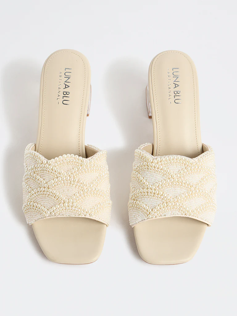 LUNA BLU Ivory Pearl-Detailed Block-Heel Sandals