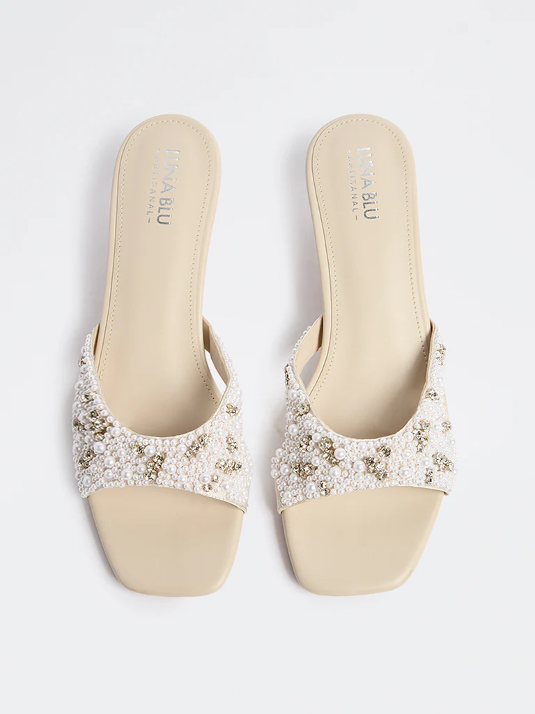 LUNA BLU Ivory Pearl Embellished Sandals - Image 3