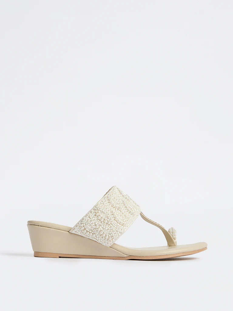 LUNA BLU Ivory Pearlescent Kolhapuri Wedge Heel Sandals - Image 2