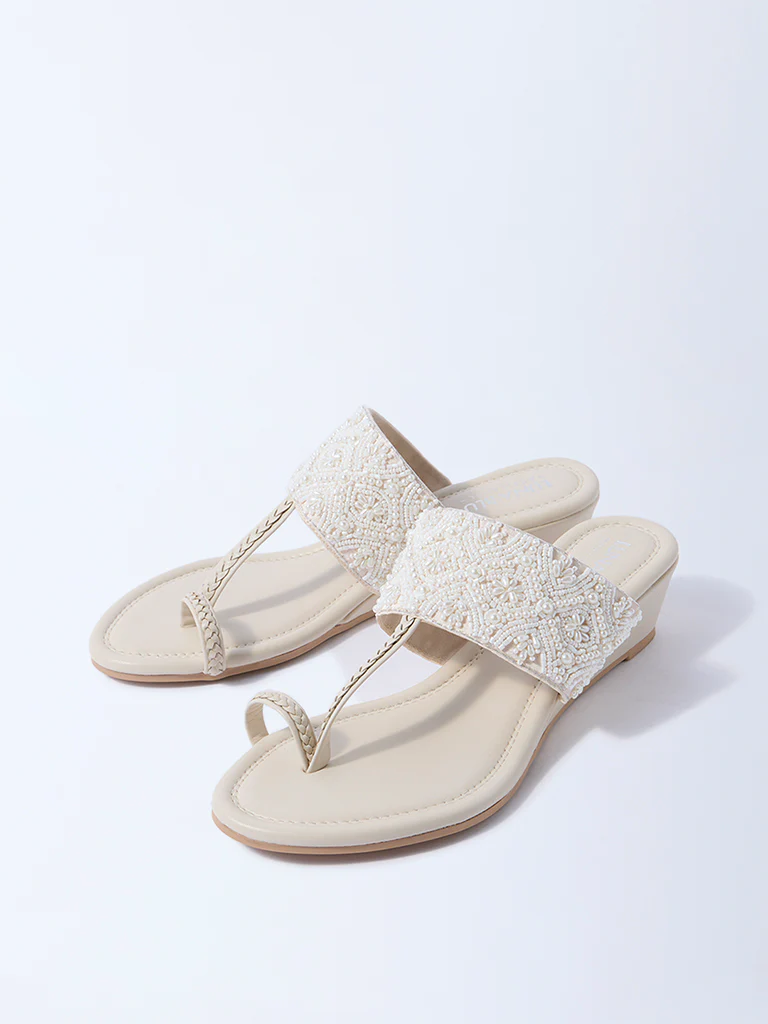 LUNA BLU Ivory Pearlescent Kolhapuri Wedge Sandals - Image 3