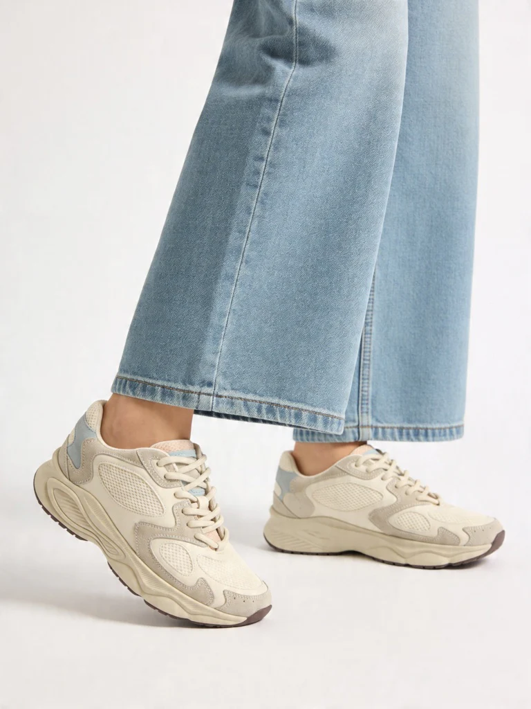 LUNA BLU Ivory Sude-Detail Mesh Lace-Up Sneakers
