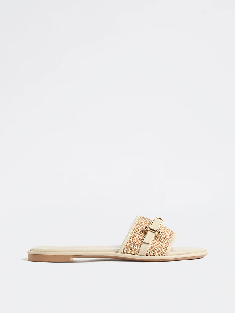 LUNA BLU Light Beige Raffia Textured Slides - Image 2