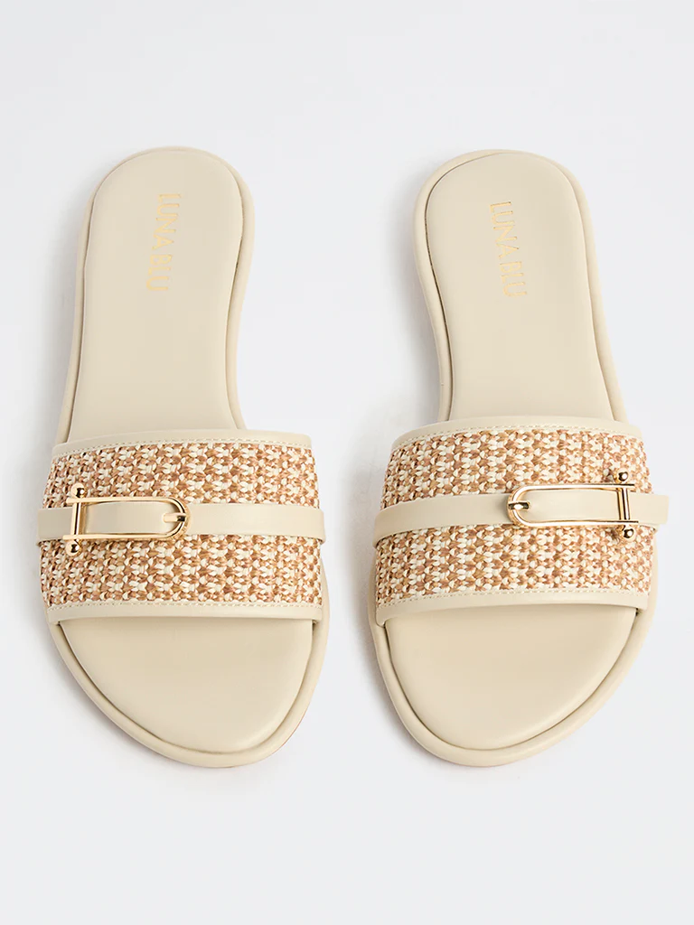 LUNA BLU Light Beige Raffia Textured Slides - Image 3