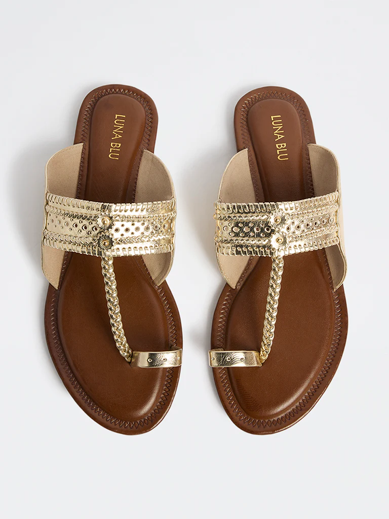 LUNA BLU Light Gold Braided Kolhapuri Sandals - Image 3