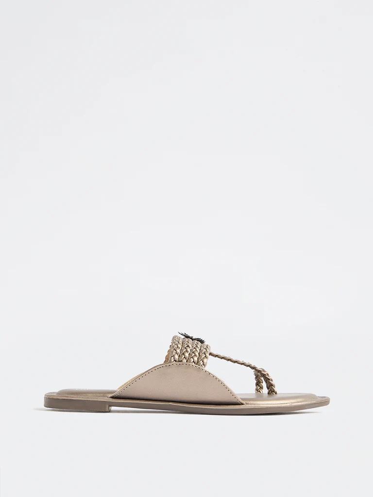 LUNA BLU Light Gold Braided Kolhapuri Sandals - Image 2