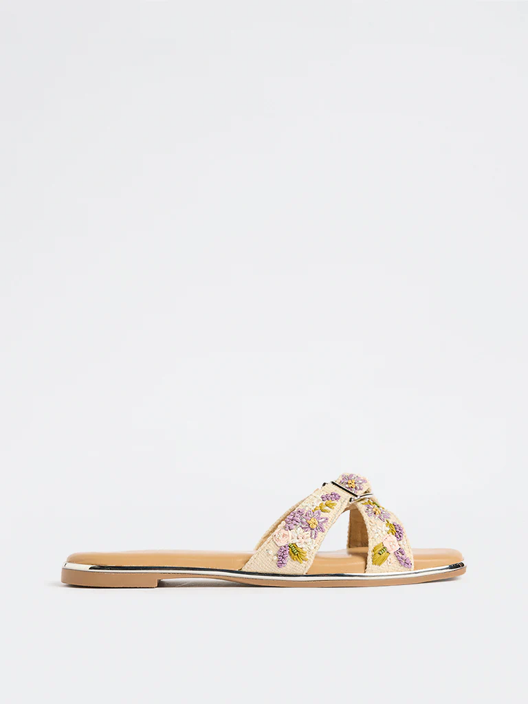 LUNA BLU Lilac Floral Embroidered Slides