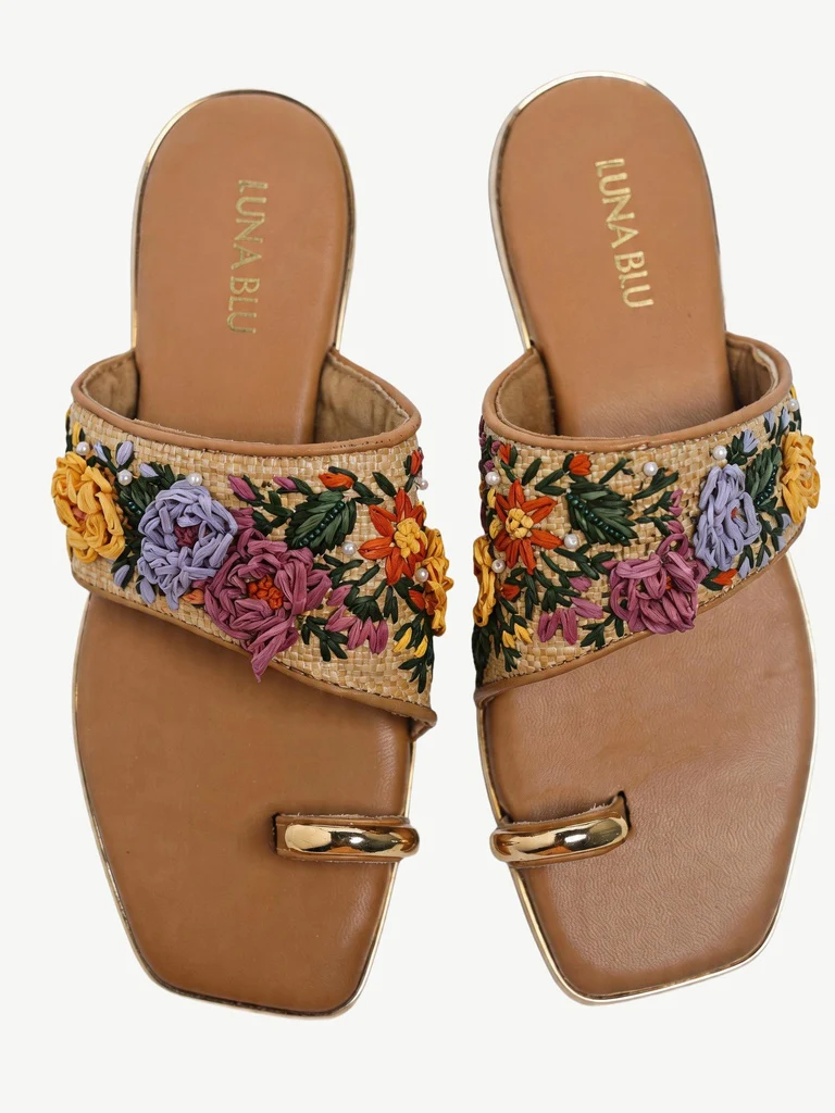 LUNA BLU Multicolor Floral-Embroidered Kolhapuri Sandals