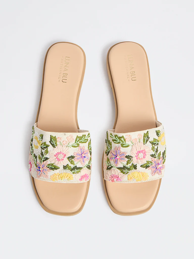 LUNA BLU Multicolour Floral Embroidered Slides - Image 2