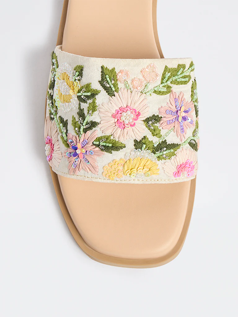 LUNA BLU Multicolour Floral Embroidered Slides - Image 3