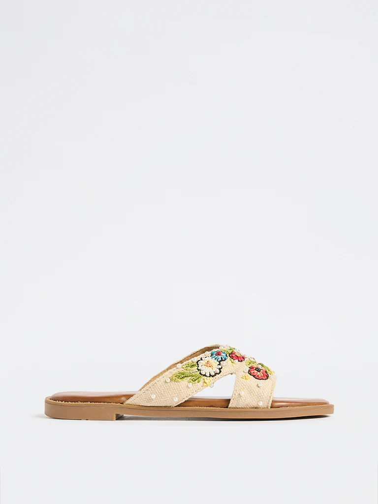 LUNA BLU Multicolour Floral Embroidered Slides - Image 2