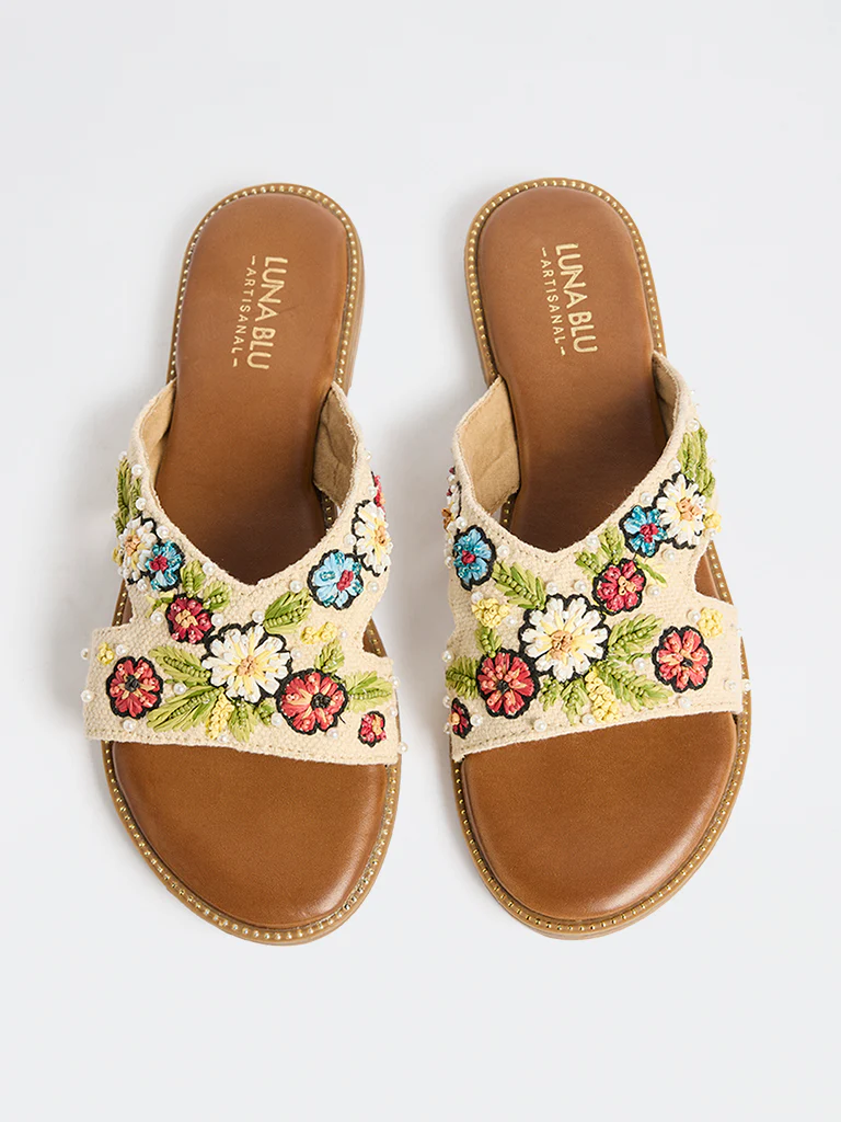 LUNA BLU Multicolour Floral Embroidered Slides - Image 3