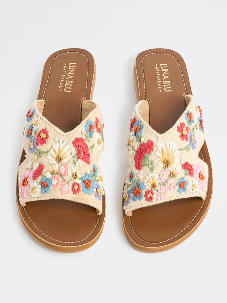 LUNA BLU Multicolour Floral Embroidered Slides - Image 2