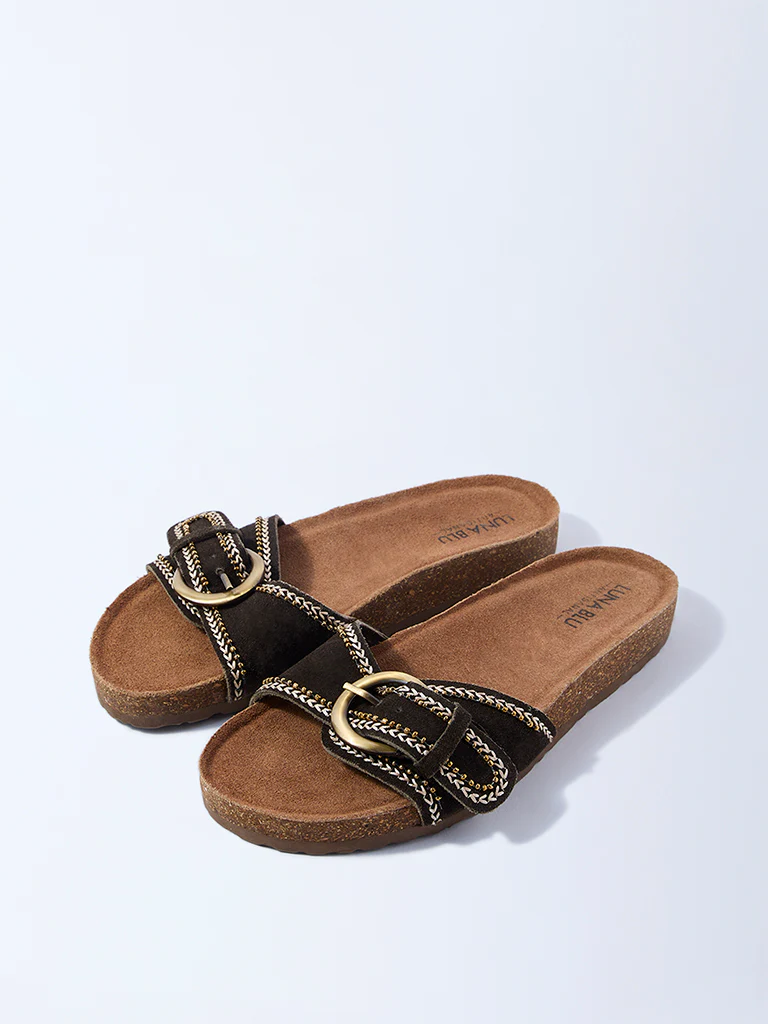 LUNA BLU Olive Buckle-Detailed Slip-On Suede Leather Sandals - Image 2