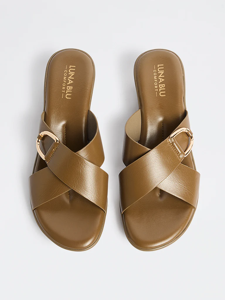 LUNA BLU Olive Criss-Cross Detailed Slides - Image 3