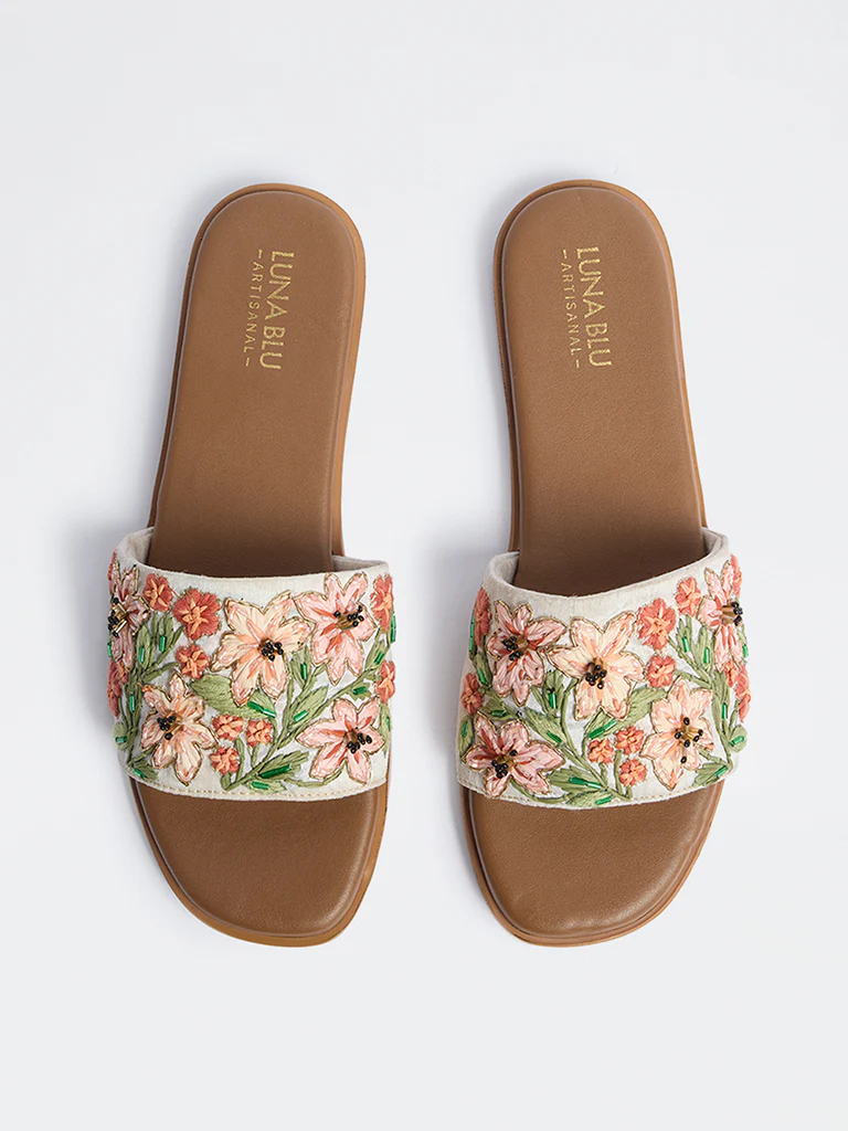 LUNA BLU Orange Floral Embroidered Slides - Image 3