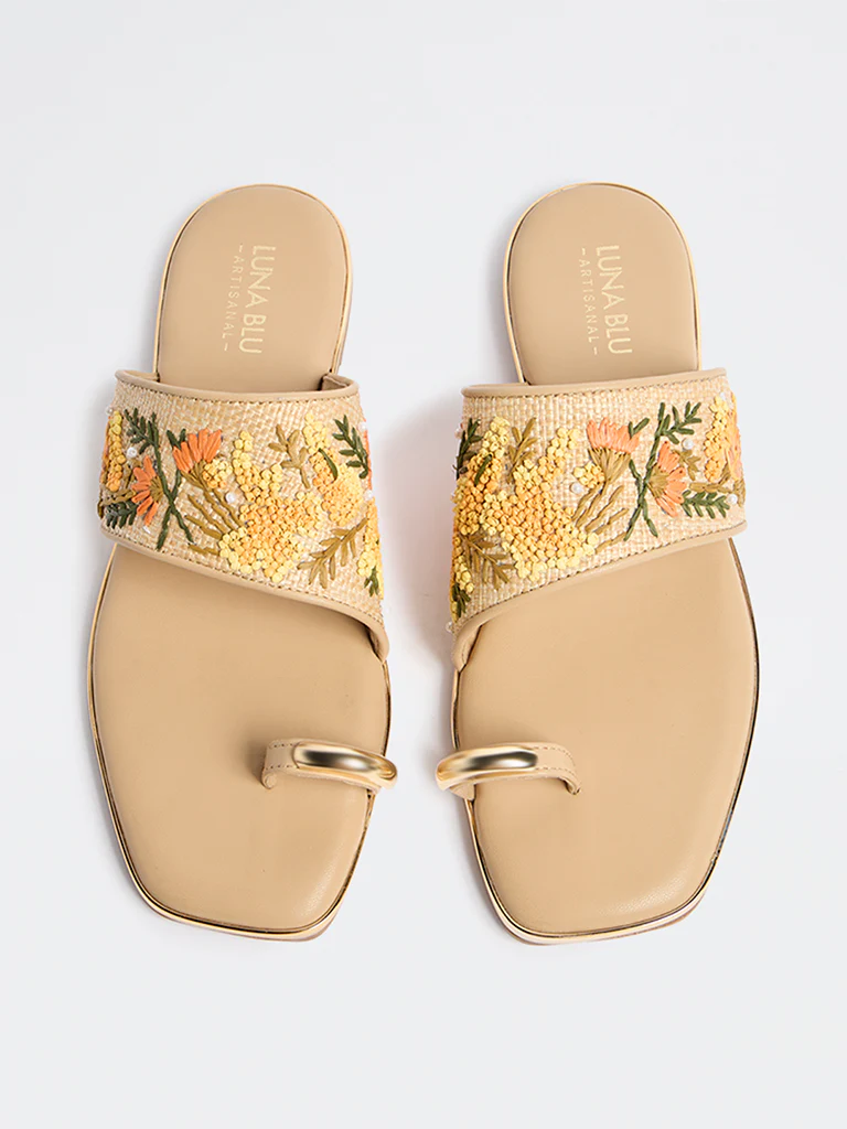 LUNA BLU Orange Floral Embroidered Toe-Ring Sandals - Image 2