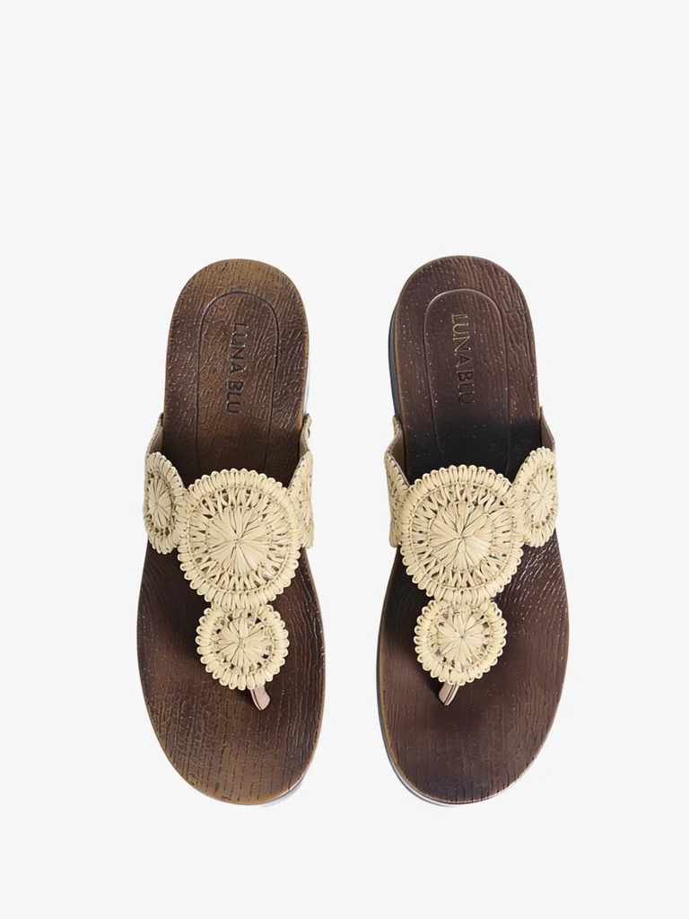 LUNA BLU Raffia Beige Textured Thong-Strap Sandals
