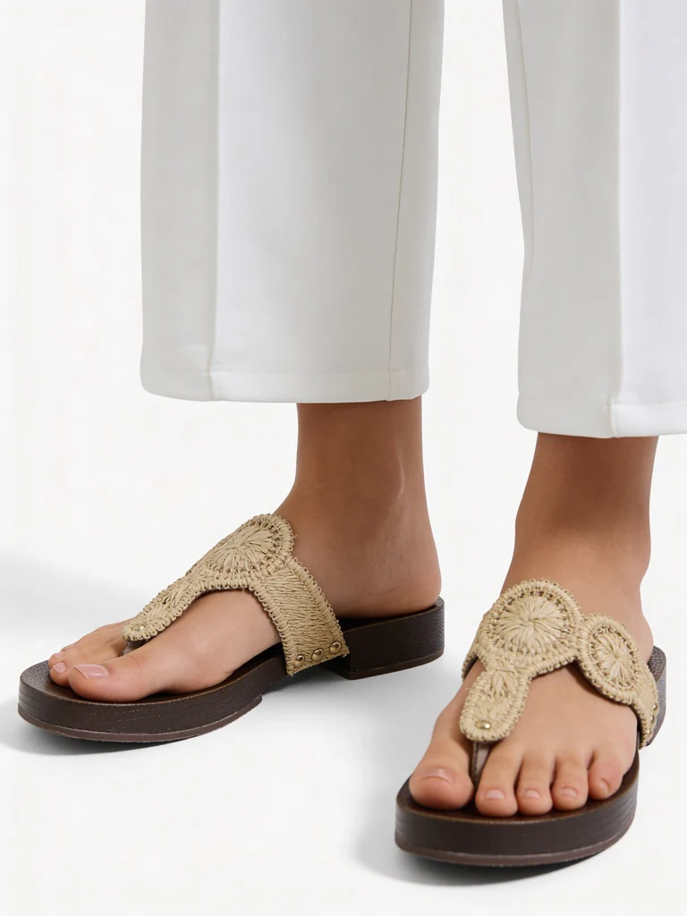 LUNA BLU Raffia Beige Textured Thong-Strap Sandals - Image 2