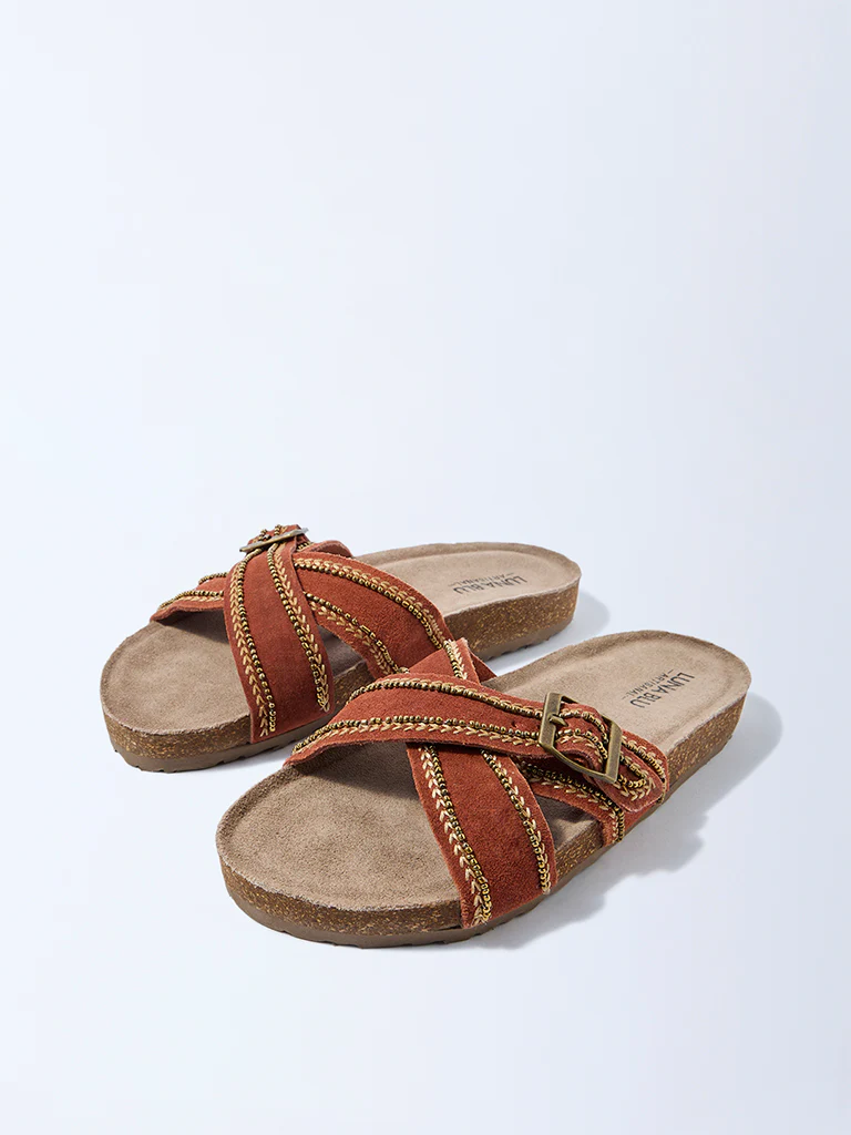 LUNA BLU Rust Criss-Cross Suede Leather Sandals - Image 2
