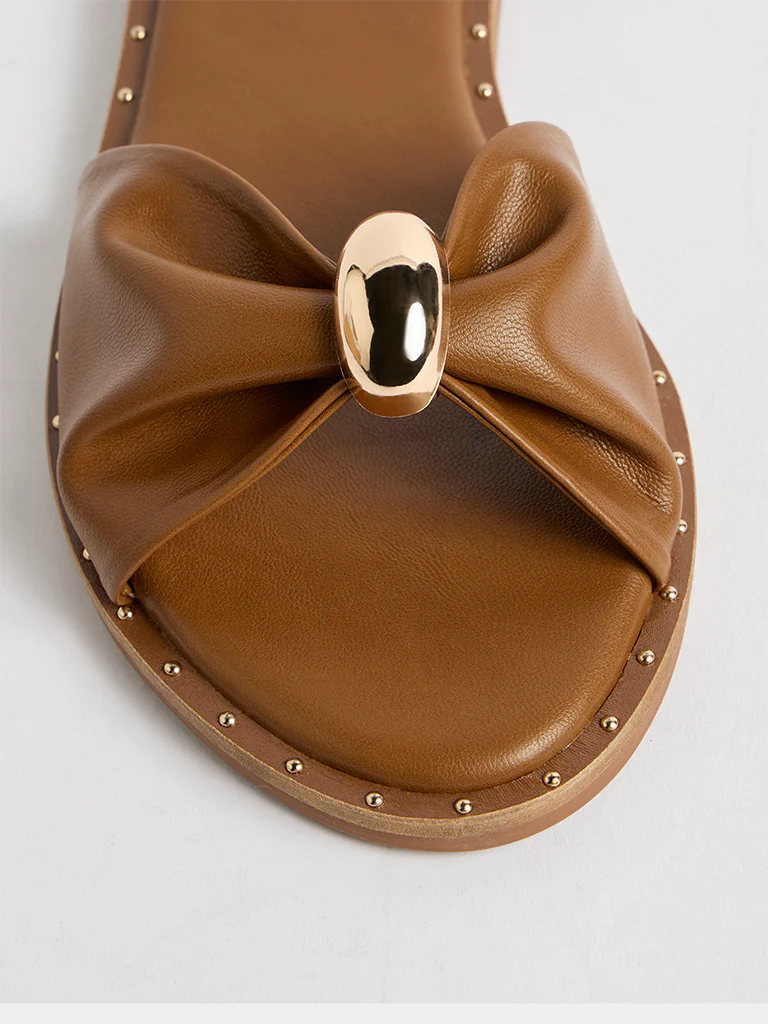 LUNA BLU Tan Bow-Design Slides - Image 3