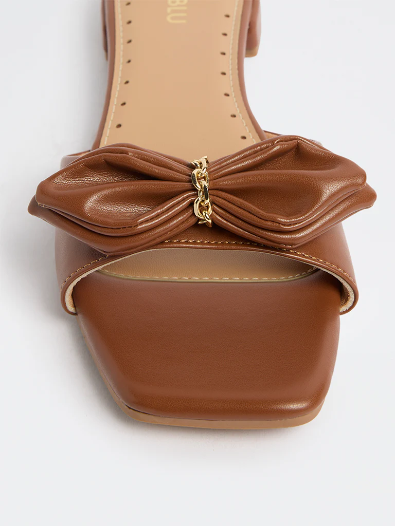 LUNA BLU Tan Bow-Detailed Slides - Image 4