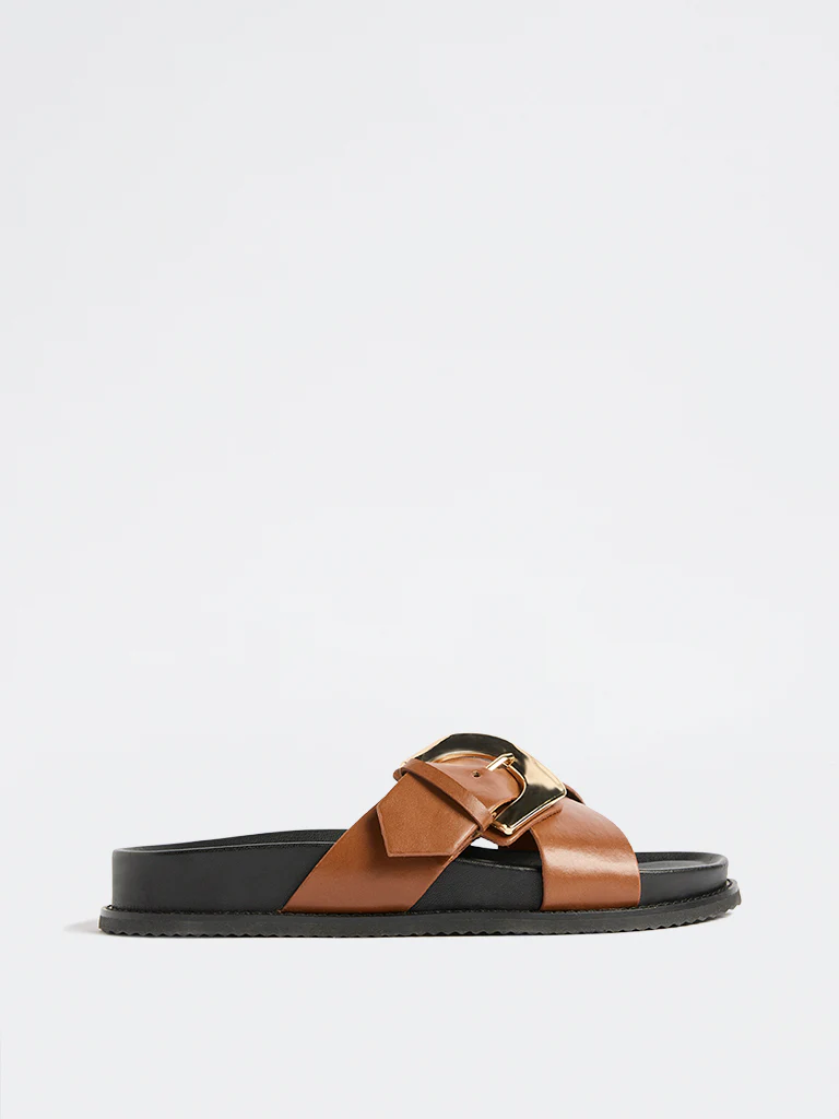 LUNA BLU Tan Buckle-Detailed Comfort Sandals - Image 2